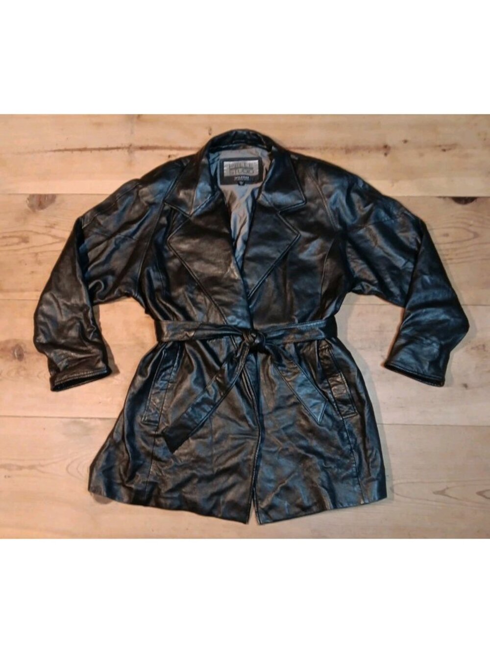Vtg 90s Pelle Studio Wilsons Leather Coat Women L Black Waist Tie Belted Jacket